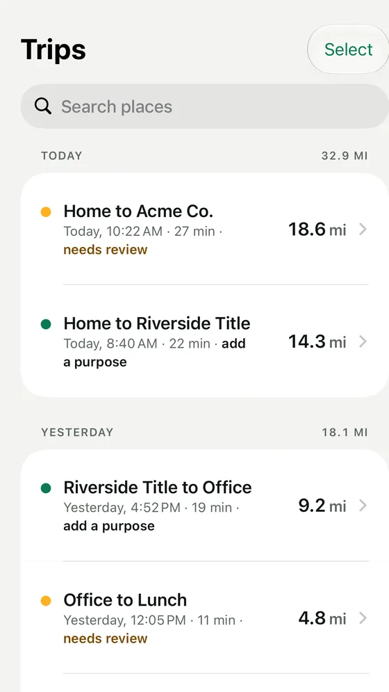 The Trips list: today's drives with their miles, two marked as needing review.